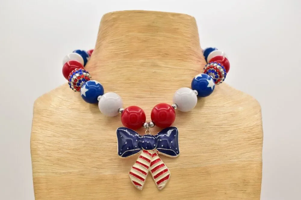 Statement Necklace American Flag Star Red White Blue Beaded 4th July USA BinA17